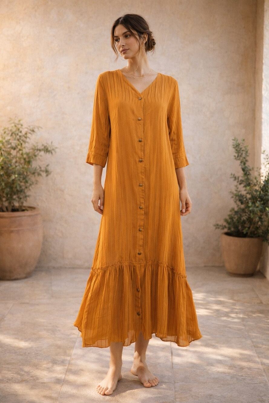Boho Artisan Button-Down Maxi Dress Marigold Indian-Inspired Lagenlook 38